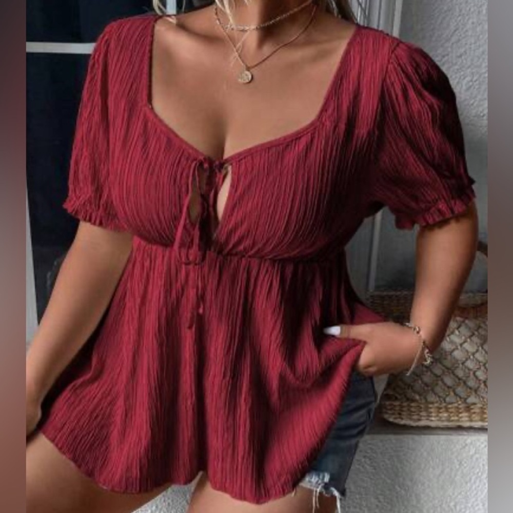 SHEIN - NEW - Essence Lantern Sleeve Drawstring Front Peplum Blouse. Burgundy